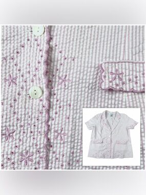 Cottagecore Grandma Vintage Seersucker Embroidered Top Pink Susan Graver XL